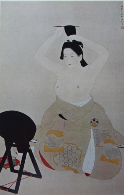 伊東 深水、「鏡」、額装用希少図版、新品額・額装付き、状態良好