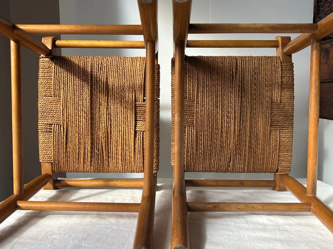 ヴィンテージ　木製スツール　木×ラッシ　編み　椅子　アンティーク　2脚　フット