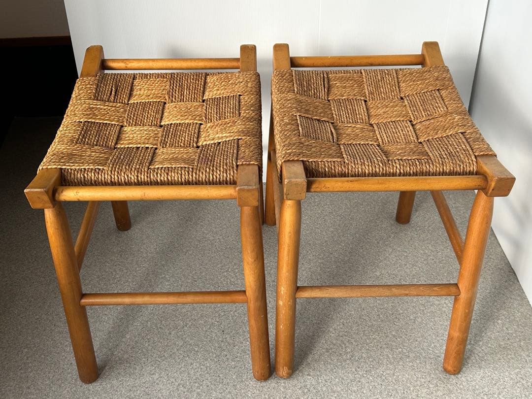 ヴィンテージ　木製スツール　木×ラッシ　編み　椅子　アンティーク　2脚　フット