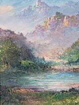 【真作】絵画　油彩4号　印象派風　山岳と湖の風景　アート作品　X51
