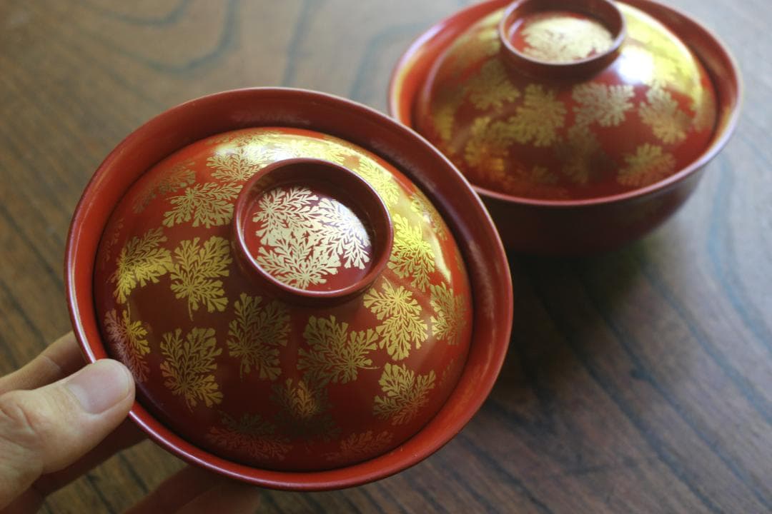 時代逸品！上質朱漆に極上信夫蒔絵の映えるお椀2点（検輪島塗懐石椀蒔絵椀