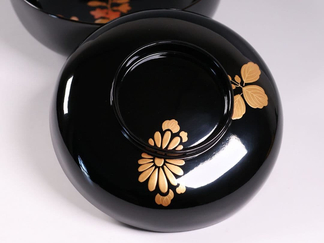 【CM396】天然木漆塗 菊桐鳳凰金蒔絵 黒塗 煮物椀 1客 昭和期 木製漆器