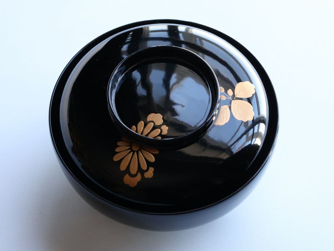 【CM396】天然木漆塗 菊桐鳳凰金蒔絵 黒塗 煮物椀 1客 昭和期 木製漆器