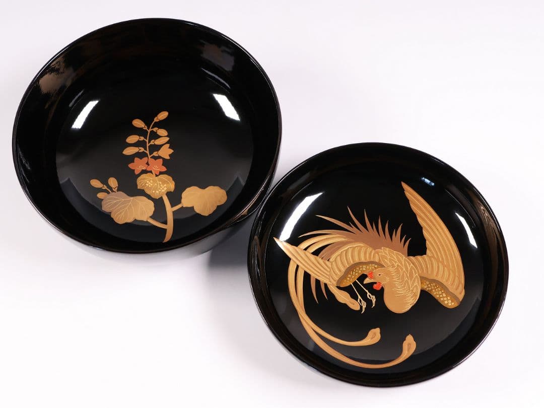 【CM396】天然木漆塗 菊桐鳳凰金蒔絵 黒塗 煮物椀 1客 昭和期 木製漆器