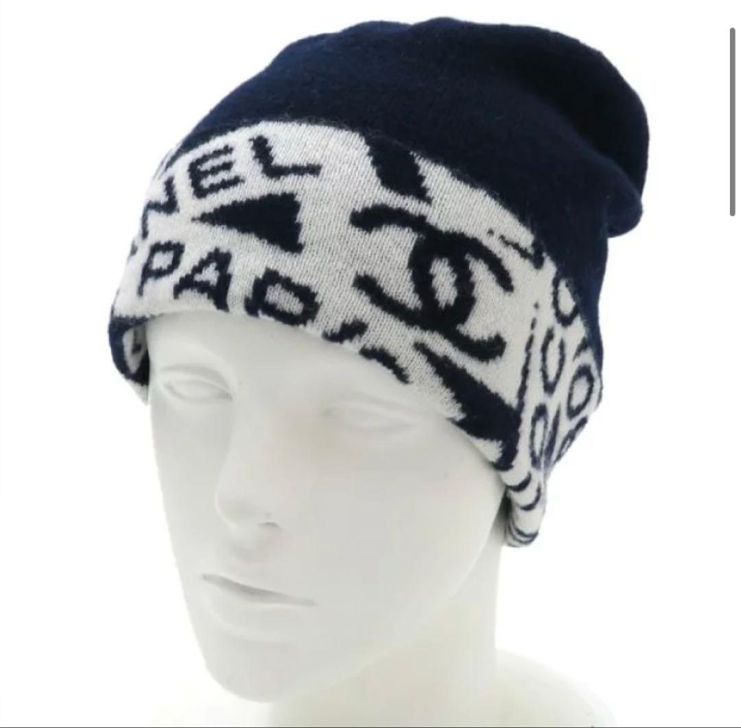 シャネル CHANEL ニット帽 ネイビー/ホワイト