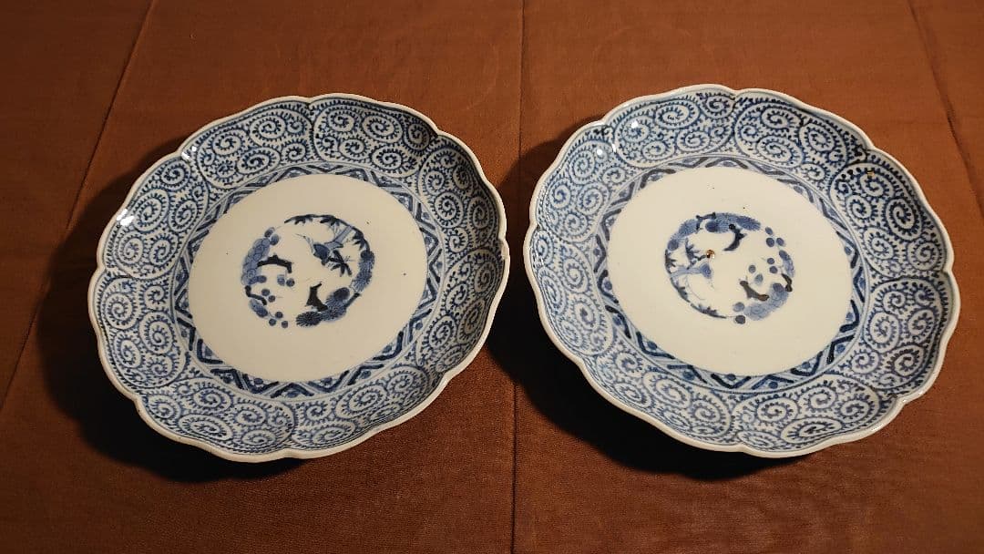 古伊万里　伊万里　染付　蛸唐草　唐草文　中皿　菓子皿　蔵出し　江戸期　２客