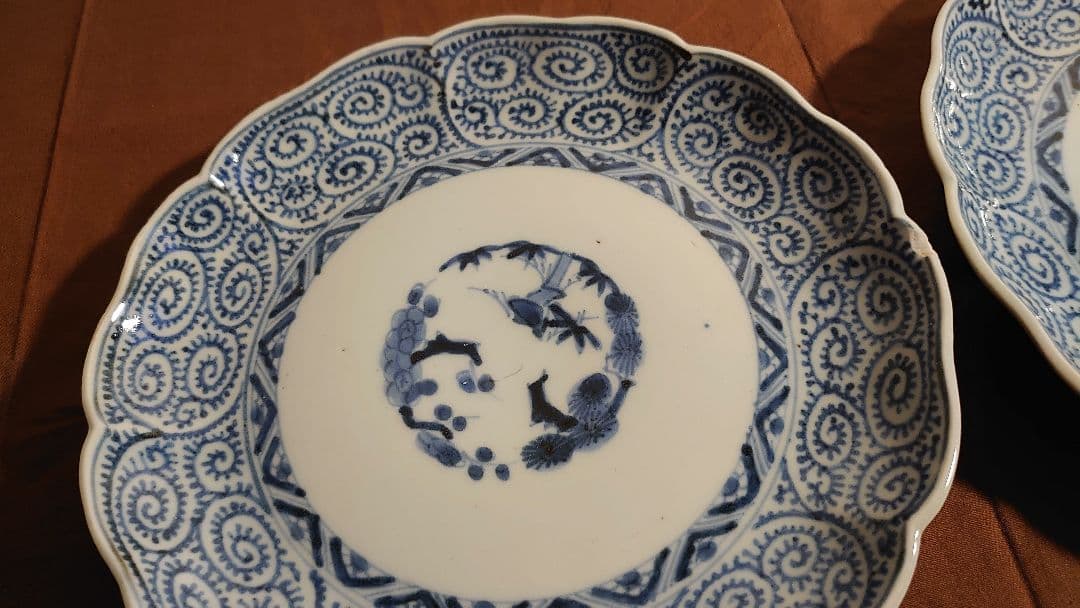 古伊万里　伊万里　染付　蛸唐草　唐草文　中皿　菓子皿　蔵出し　江戸期　２客