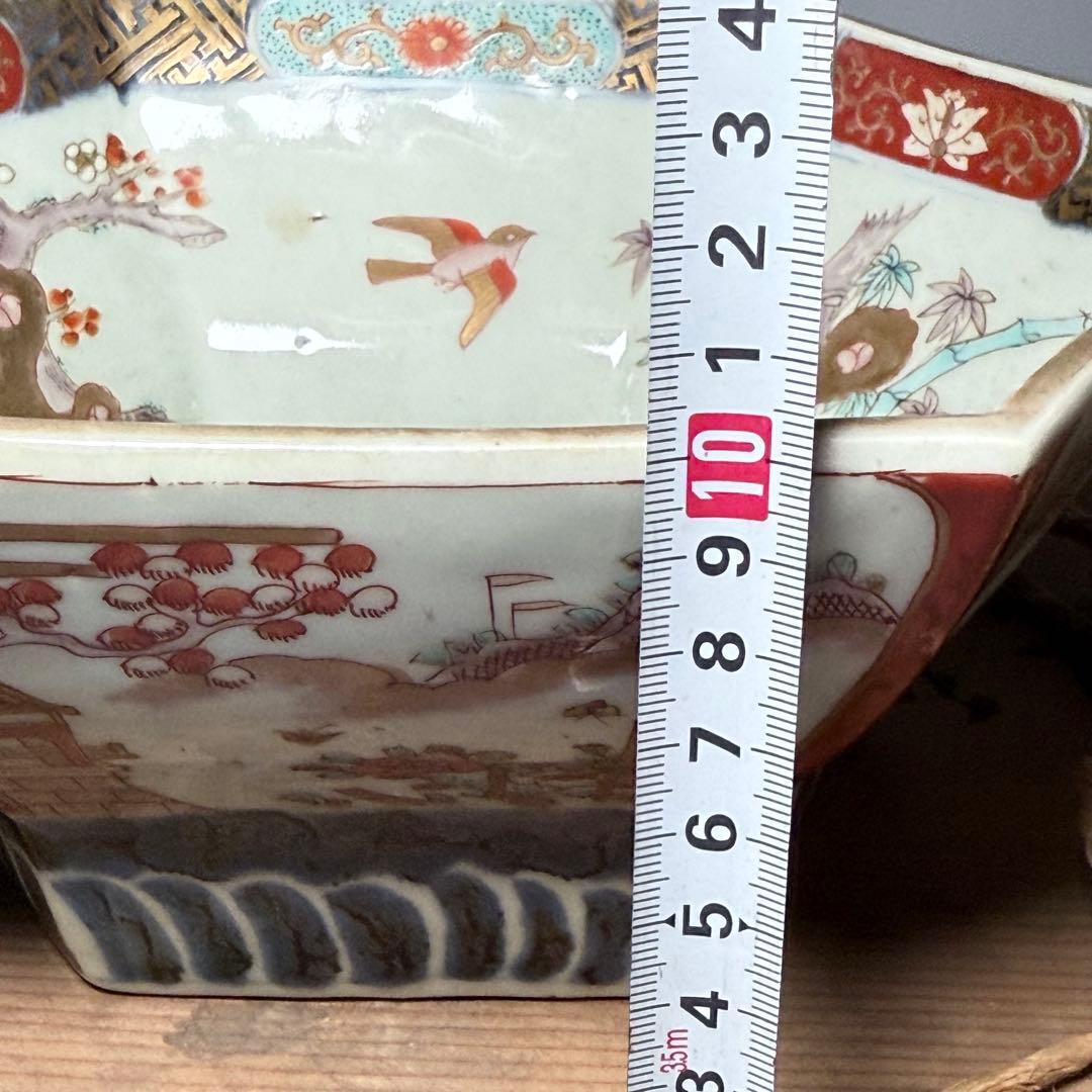 江戸後期〜明治時代　色絵松竹梅鳥賢人図六角鉢　共箱　古美術　豪商旧蔵品