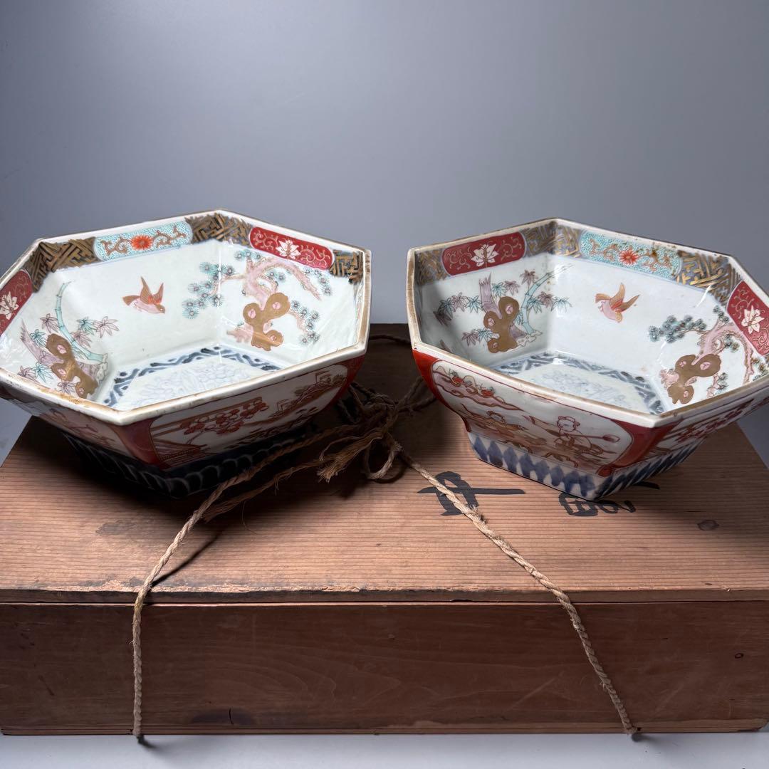 江戸後期〜明治時代　色絵松竹梅鳥賢人図六角鉢　共箱　古美術　豪商旧蔵品