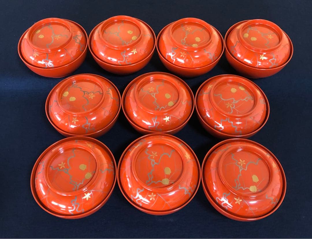 《R》懐石 朱塗 ドングリ蒔絵 菓子椀10客 木製漆器 木箱　250922あ3