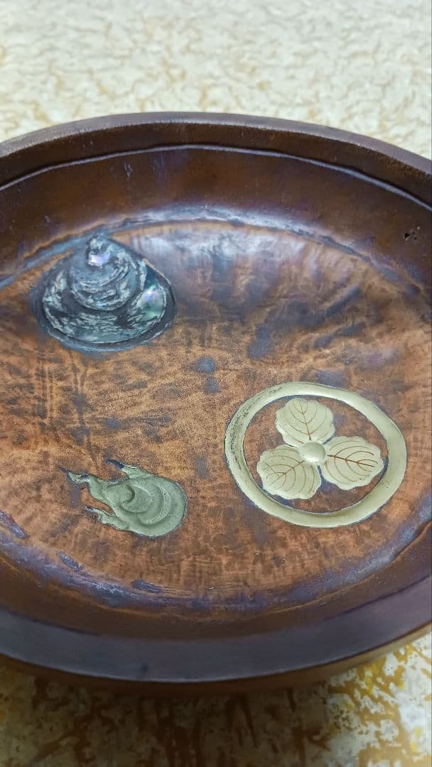 竹製　手付菓子鉢　菓子皿　菓子入れ　宝玉家紋図　在銘　中川　 茶道具　作家物