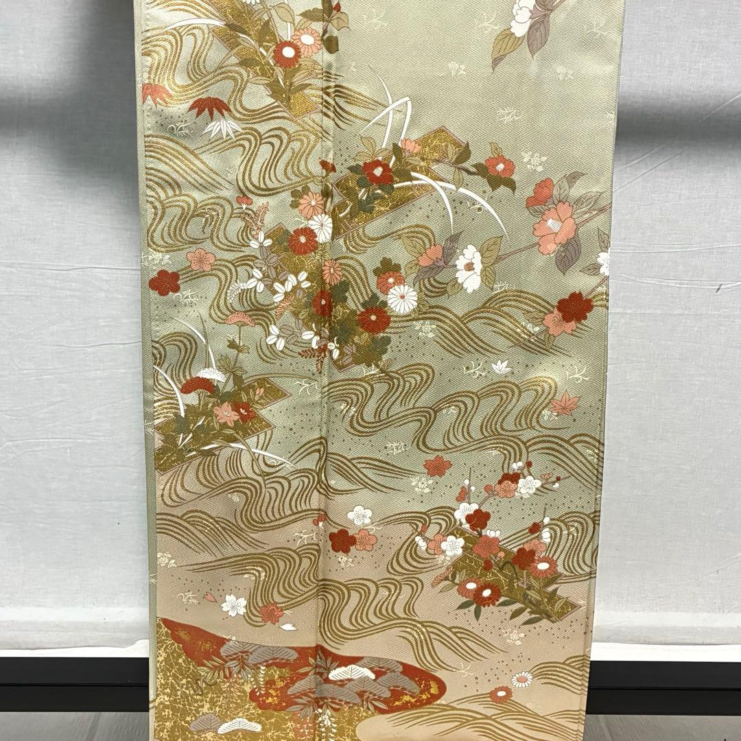 D44 訪問着 枝垂れ桜 荒波 金彩 正絹 着物 袷 極美品