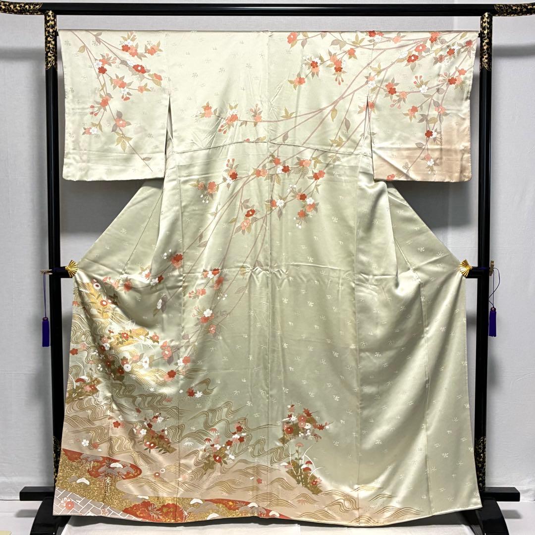 D44 訪問着 枝垂れ桜 荒波 金彩 正絹 着物 袷 極美品