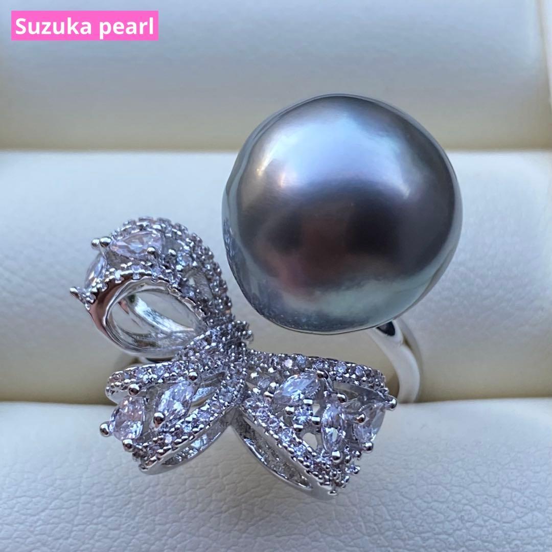 本真珠　南洋黒蝶真珠タヒチパールリング　14*13.5mmグレーグリーンL981