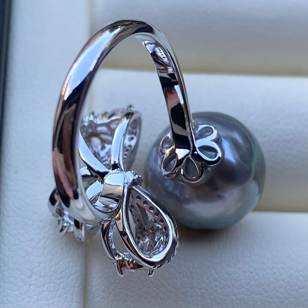 本真珠　南洋黒蝶真珠タヒチパールリング　14*13.5mmグレーグリーンL981