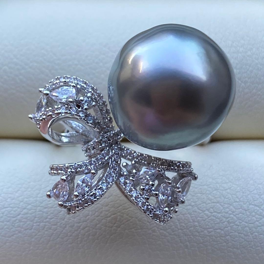 本真珠　南洋黒蝶真珠タヒチパールリング　14*13.5mmグレーグリーンL981