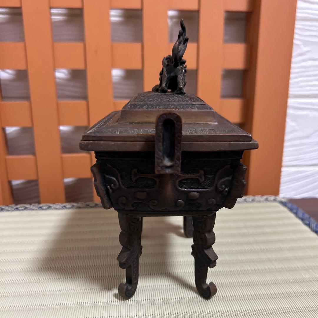 高岡銅器　米田陵山作　鋳銅　獅子摘　四方香炉