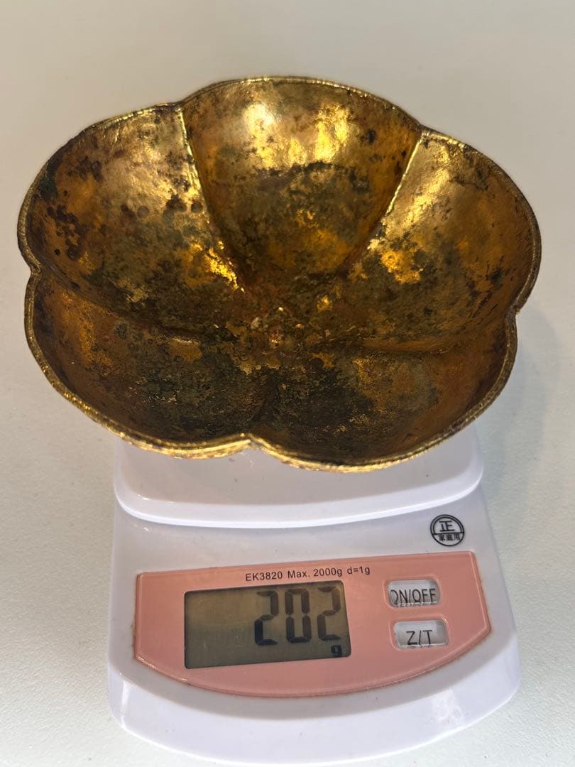 中国古董 唐代 青銅製 鎏金花口鉢