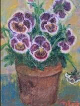 【真作】絵画　油彩SM　紫のパンジー　鉢植え花の静物画　Y190