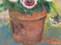 【真作】絵画　油彩SM　紫のパンジー　鉢植え花の静物画　Y190