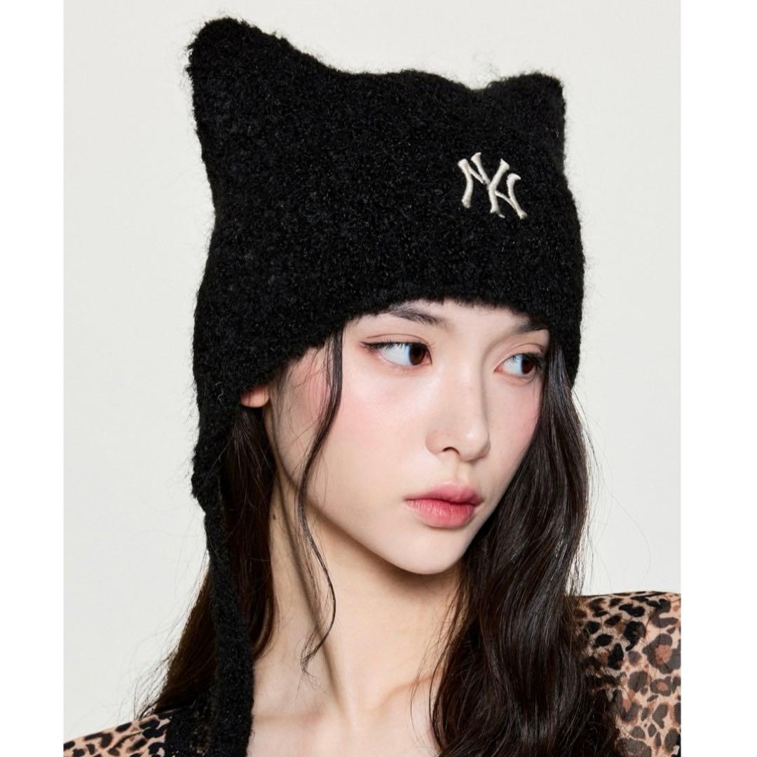 韓国限定 MLB カリナ 着用 猫耳 ミャオン ビーニー 紐付 ブラック 黒