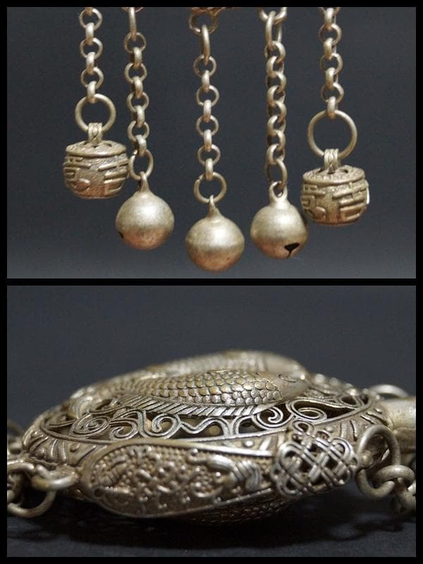 清 銀細工 透かし彫り『双魚祥瑞文』香入 香囊 紋銀在銘 鈴根付 提げ物 装飾品