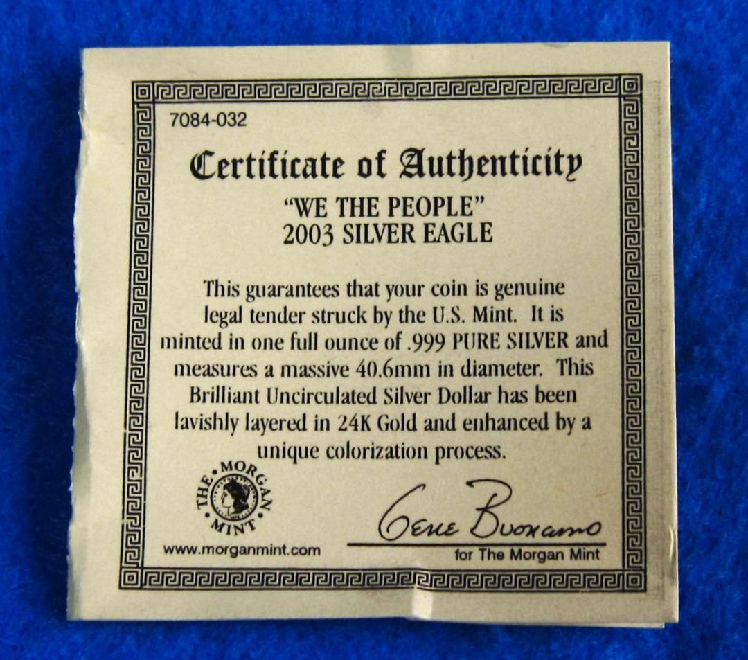 ０３年　カラー　アメリカンシルバーイーグル　１オンス銀貨　アメリカ合衆国憲法記念