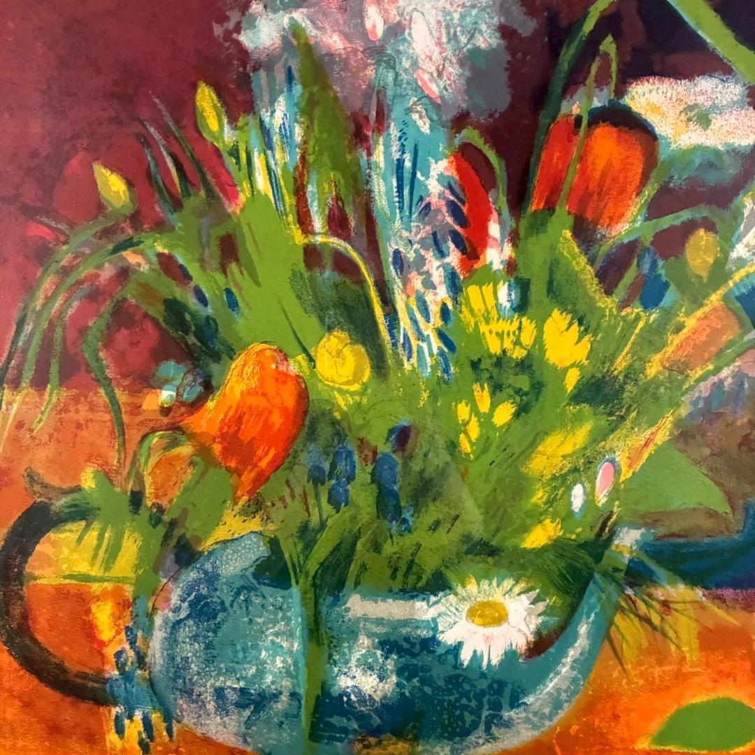 コロン V.Collomb「紅茶わかしとひなげし」リトグラフ 直筆サイン入り