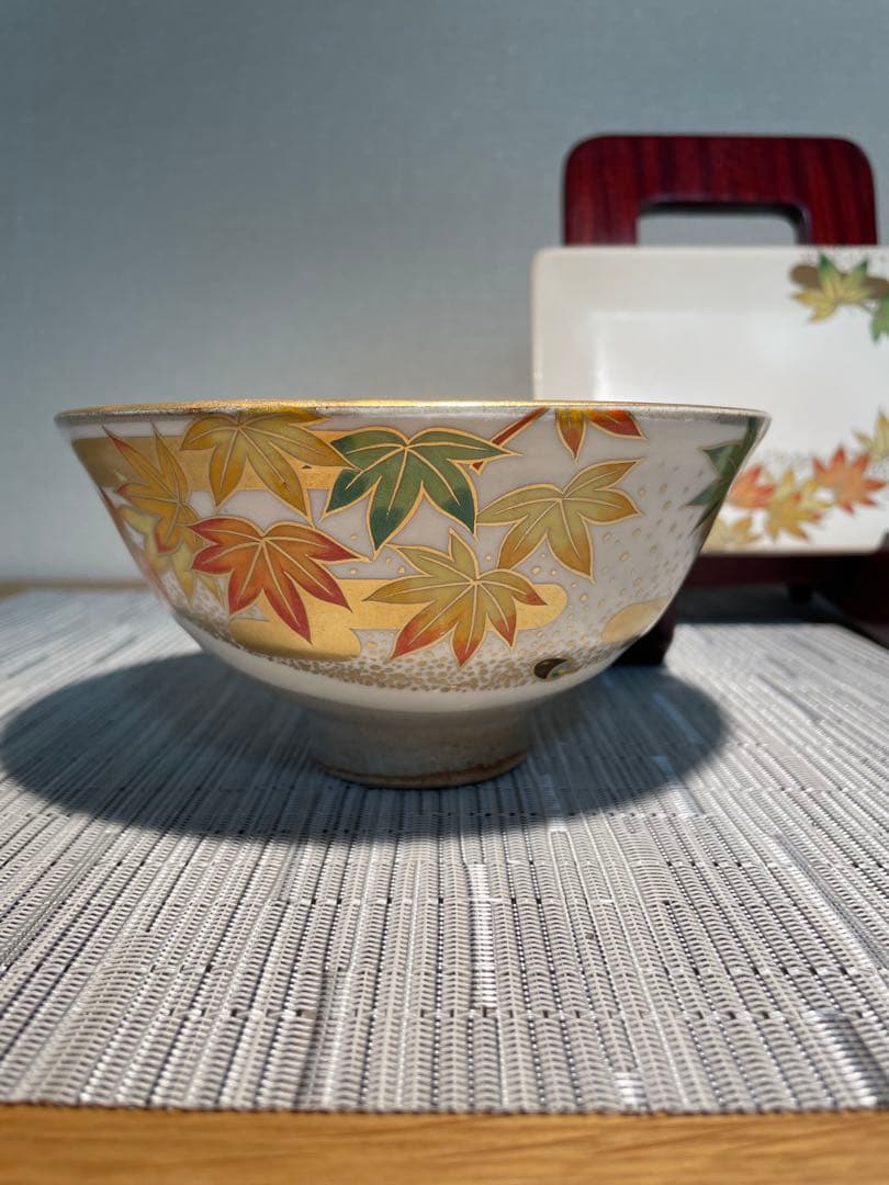 135桑野むつ子 京都 御所の花十二ヶ月【11月紅葉】抹茶椀・和陶皿 しおり付