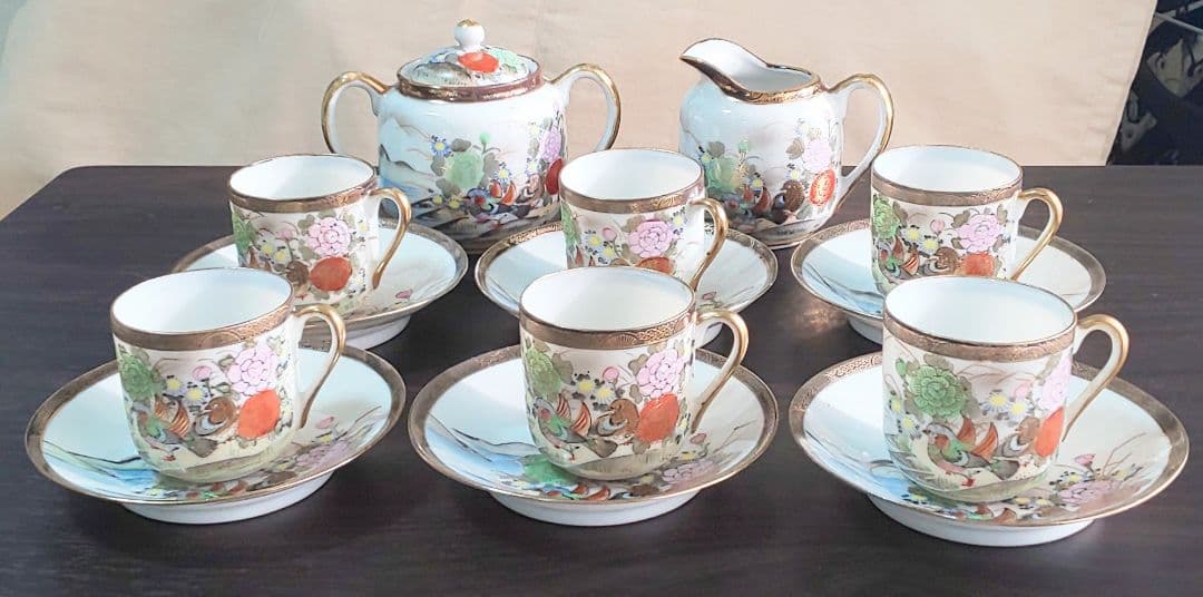 九谷焼 大正時代 金彩花鳥富士模様柄 ティーセット 6客8点セット 陶磁器