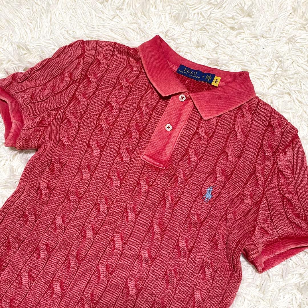 未使用級 ラルフローレン 現行 ケーブルニット ポロシャツ M ウォッシュ加工