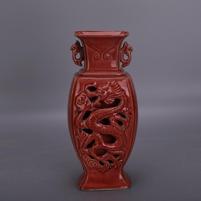 薪窯紅釉二重透かし彫り竜両耳扁瓶  現代工芸品 美術品 置物