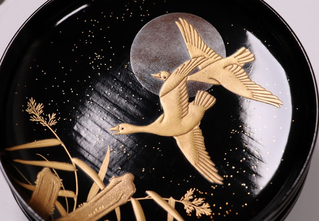 CL64 加賀蒔絵 月に雁 金蒔絵 黒塗煮物椀 五客 木製漆器 梨地 鳥 芦