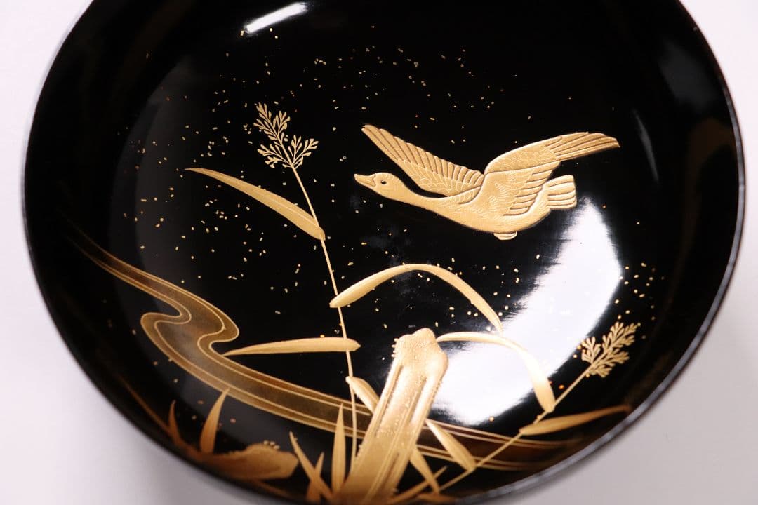 CL64 加賀蒔絵 月に雁 金蒔絵 黒塗煮物椀 五客 木製漆器 梨地 鳥 芦