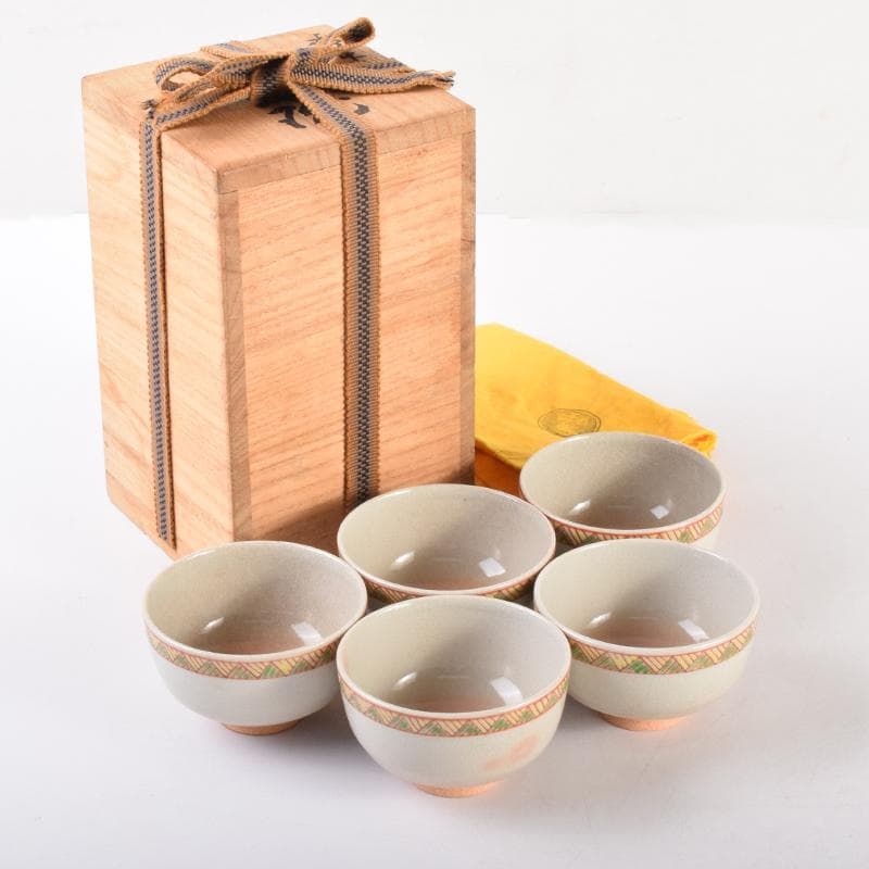 煎茶道具　北村和善作　御室焼　御本手　煎茶碗　五客　共布共箱　V　7030