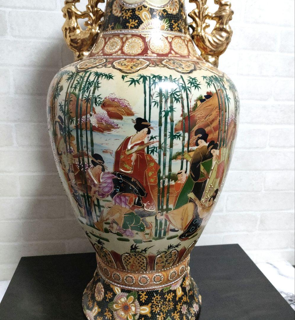 中国美術 大型飾り壺 双耳大花瓶 金彩 美人画 豪華爛漫 60cmサイズ