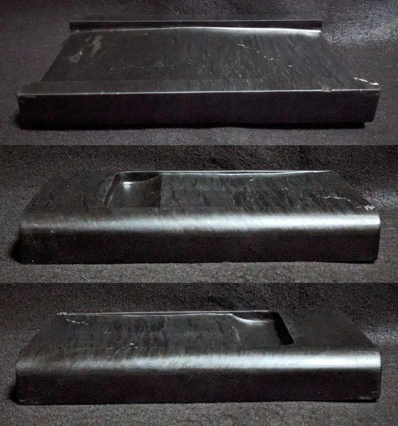 【ヘコ】　　◆歙州抄手硯（水波眉子紋・銀花紋／十吋／唐木箱）◆書画筆6本