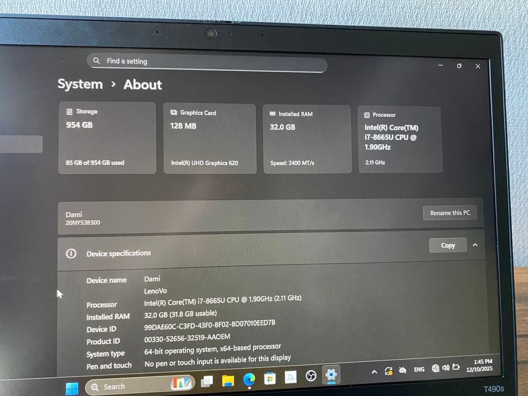 Windowsノート本体 Lenovo T490s i7/32GB/1TB SSD Win11