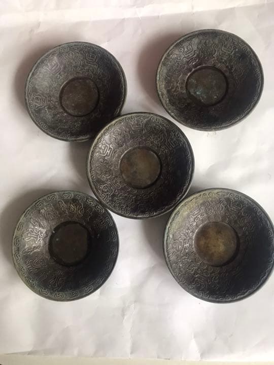 茶托5客，古銅製，在銘「昌晴正」古美術品。