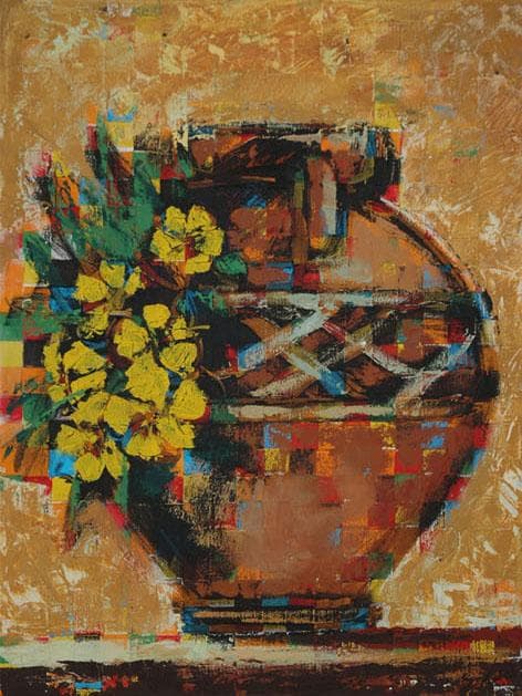 油絵 菅家令子絵 絵画インテリア額付(青緑＋金色の枠) uF6-063904壺花