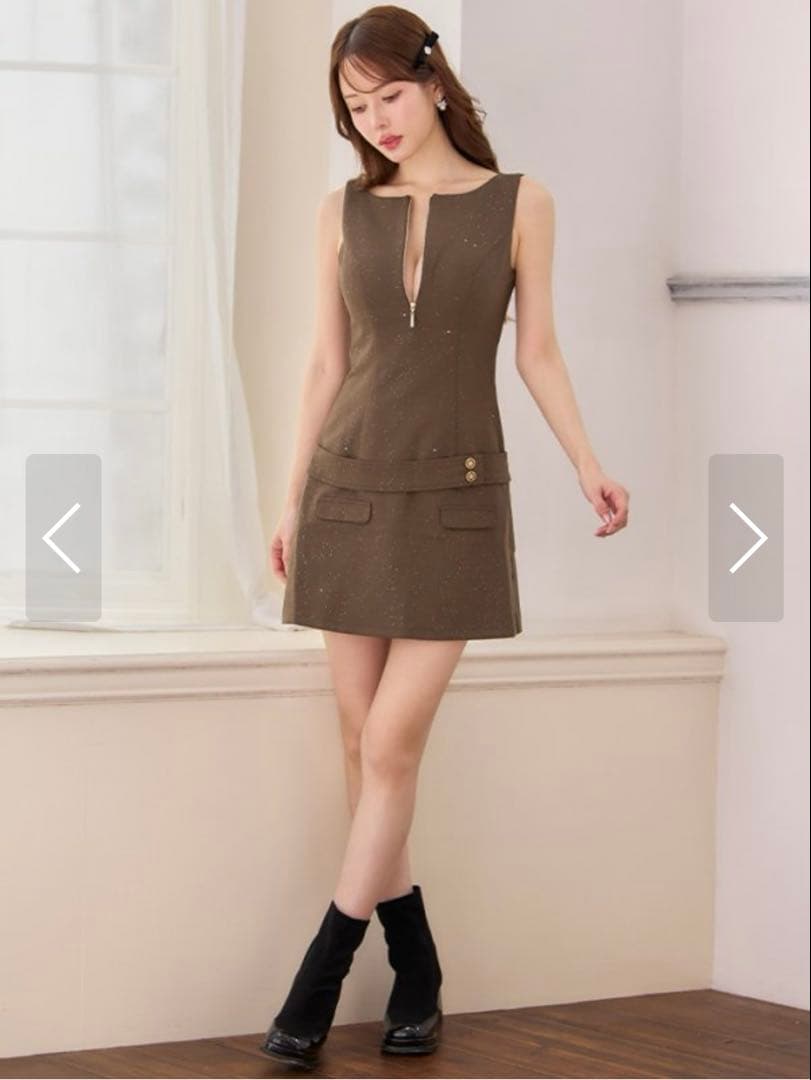 JEWELS ブラウン ハーフジップローウエストベルトミニドレス