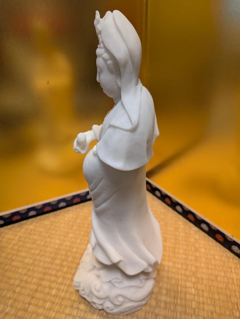 古美術　彫刻　石彫　大理石風　観音様　立像　木台付