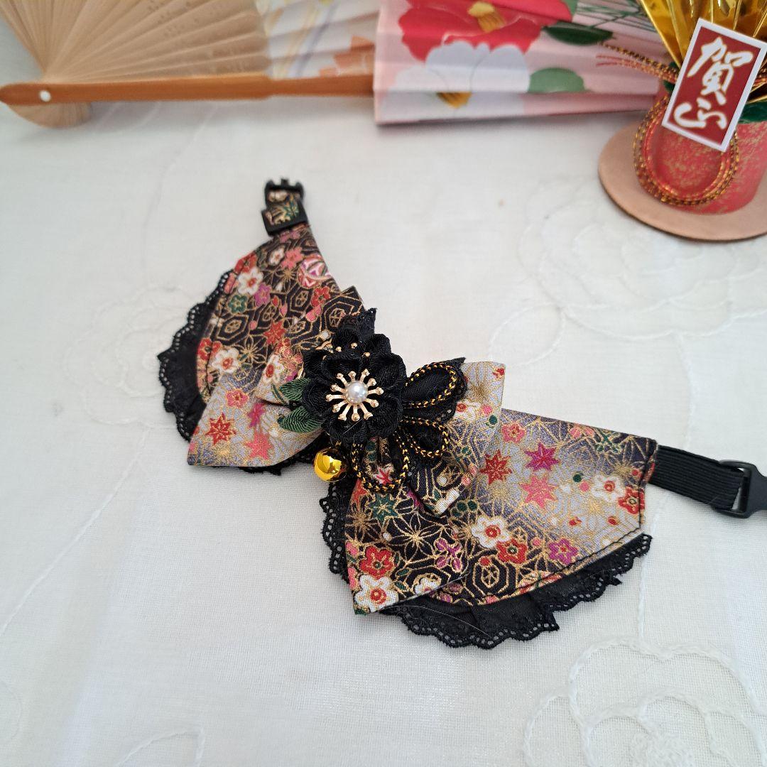 お正月仕様和風つまみ細工(黒④)わんちゃん猫ちゃん用襟つき首輪