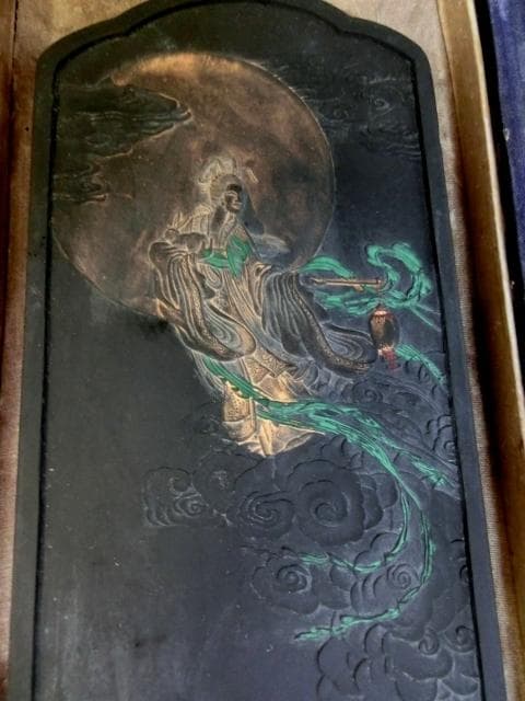 墨■中国墨【嫦娥奔月】天女様 花唐草 古墨 唐墨 書道道具 時代物 高級品銘墨■