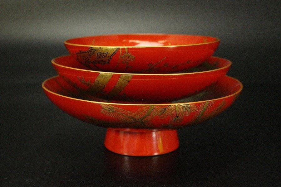 極上 吉祥 寿老人物紋 蒔絵 三碗 盃 旧家蔵出