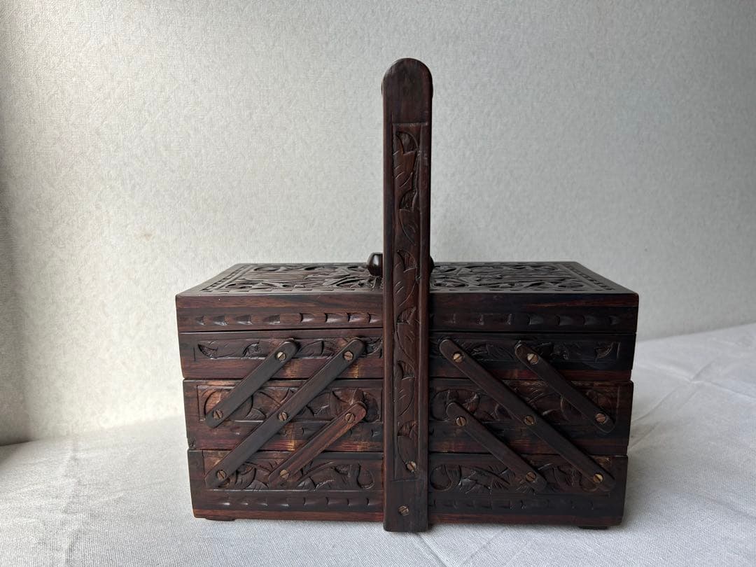 木製彫刻 裁縫箱 小物入れ 収納ボックス レリーフ アンティーク シンガポール