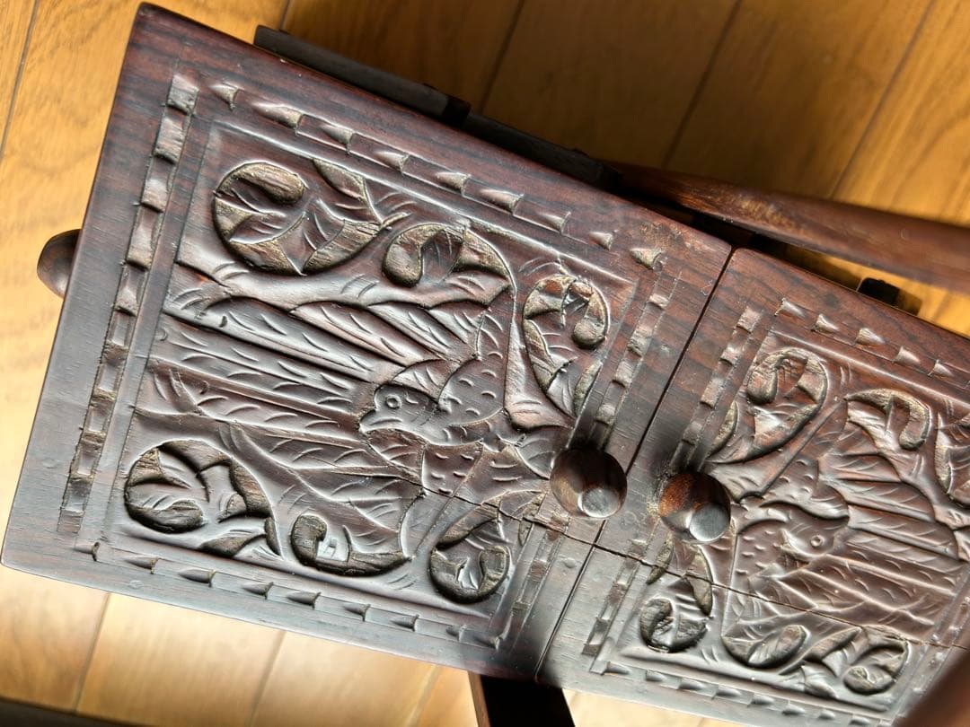 木製彫刻 裁縫箱 小物入れ 収納ボックス レリーフ アンティーク シンガポール