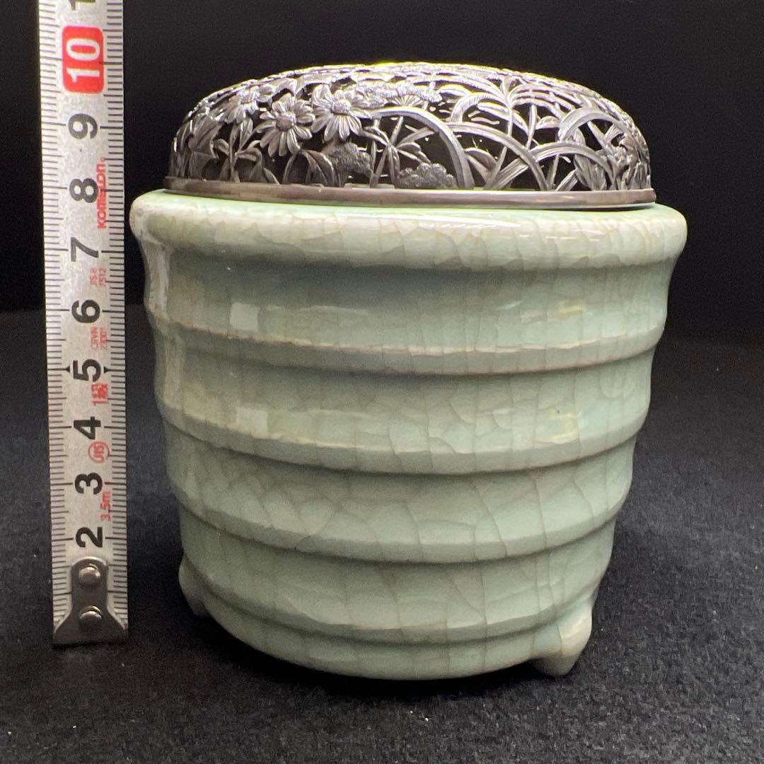 中国元時代　七官青磁　上手　銀火屋香炉　木箱付　東Y7-1203☆2Fトサオ