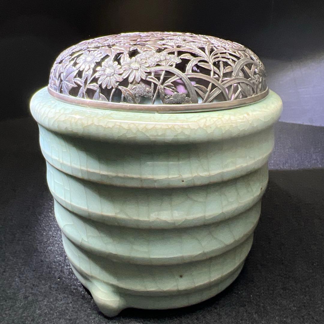 中国元時代　七官青磁　上手　銀火屋香炉　木箱付　東Y7-1203☆2Fトサオ