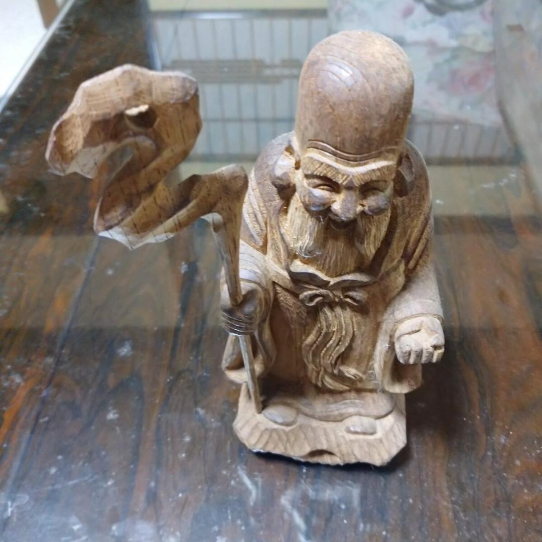 木彫り七福神寿老人置物オブジェ彫刻縁起物
